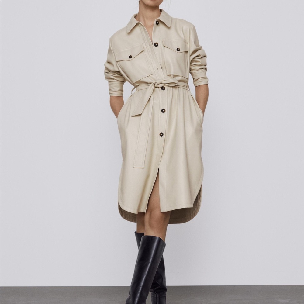 Zara Beige Faux Leather Belted Overshirt Jacket XS New without tags